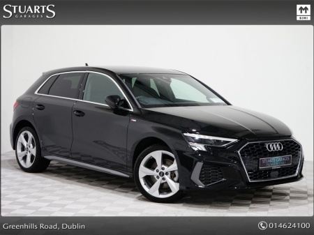 2024 Audi A3 S/LINE 40 TFSIe PHEV. MYTHOS BLACK WITH FULL BLACK LEATHER, HEATED SEATS, REVERSING CAMERA, SELF PARKING, FRONT AND REAR SENSORS €38,945